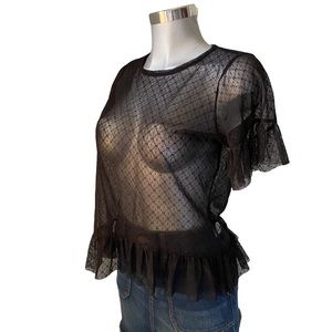 Sheer Mesh Lace Fairy-Goth Blouse Top Dark Romantic Ruffle Punk Whimsigoth Sz M
